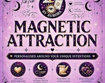 以下が含まれることがあります： MAGNETIC ATTRACTIONというタイトルの紫色のグラフィック広告。月、星、中央の目のアイコンなどの天体のモチーフが描かれています。SPELLS BY AURORA、AS SEEN ON TIKTOKなどのテキストが含まれ、サービスの利点が記載されています。