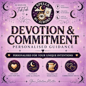 May include: A purple graphic advertisement for Spells by Aurora featuring the text Devotion & Commitment Personalised Guidance. It includes icons for fast responses, trusted by hundreds, safe & discreet, and notes your intentions matter.