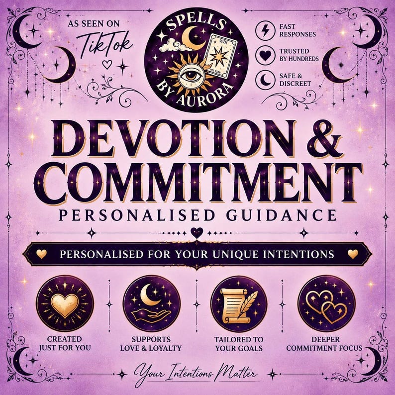 以下が含まれることがあります： Spells by Auroraの紫色のグラフィック広告。Devotion & Commitment Personalised Guidanceというテキストが記載されています。迅速な対応、数百人からの信頼、安全と秘密厳守、そして意図の重要性を示すアイコンが含まれています。