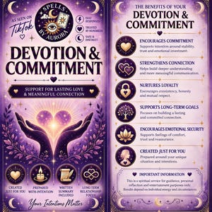 以下が含まれることがあります： Spells by Auroraによる「Devotion & Commitment」と題された紫色の情報チラシ。手で支えられた輝くハートが描かれ、献身や誠実さを促すといった利点がリストアップされており、娯楽目的である旨の免責事項が記載されています。