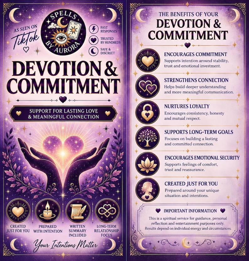 以下が含まれることがあります： Spells by Auroraによる「Devotion & Commitment」と題された紫色の情報チラシ。手で支えられた輝くハートが描かれ、献身や誠実さを促すといった利点がリストアップされており、娯楽目的である旨の免責事項が記載されています。
