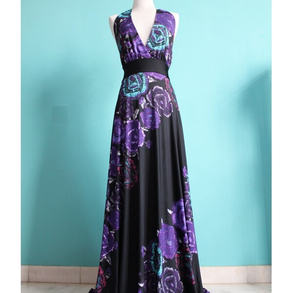 50% SALES Deep V Evening Dress Black Purple Sexy Halter Maxi Dress Floral Summer Prom Long Dress