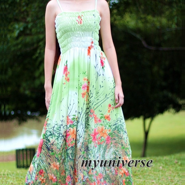 Green Maxi Dress Chiffon Summer Sundress Women Long Dress Plus Size Cute Floral Dress Fancy