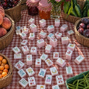 Pu&ograve; includere: Una scena da picnic con una tovaglia a scacchi rossi e bianchi. Tessere decorative di Mahjong con varie illustrazioni colorate sono sparse sul tavolo. Cesti di frutta, barattoli di marmellata e fiori freschi completano l'ambientazione all'aperto.