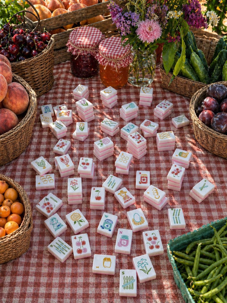 Pu&ograve; includere: Una scena da picnic con una tovaglia a scacchi rossi e bianchi. Tessere decorative di Mahjong con varie illustrazioni colorate sono sparse sul tavolo. Cesti di frutta, barattoli di marmellata e fiori freschi completano l'ambientazione all'aperto.