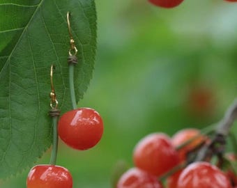 Handmade Cherry Drop Earrings | Glossy Red Fruit Statement Jewelry