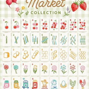 Pu&ograve; includere: Un'illustrazione ad acquerello di una Farmers Market Collection. L'immagine presenta varie carte con illustrazioni di frutta, verdura e fiori. Il testo "Farmers Market Collection" &egrave; in alto. Un cesto di prodotti &egrave; in basso.