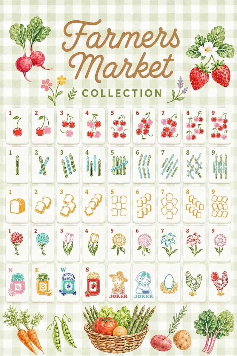 Pu&ograve; includere: Un'illustrazione ad acquerello di una Farmers Market Collection. L'immagine presenta varie carte con illustrazioni di frutta, verdura e fiori. Il testo "Farmers Market Collection" &egrave; in alto. Un cesto di prodotti &egrave; in basso.