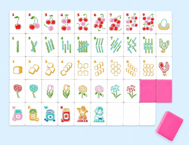 Pu&ograve; includere: Un set di tessere Mahjong bianche con illustrazioni colorate di ciliegie, asparagi, pane, fiori e barattoli di marmellata. Il set include due tessere rosa e una gomma rosa. La parola "JOKER" &egrave; stampata su due tessere.