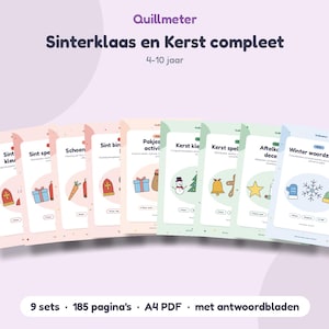Könnte beinhalten: Eine Sammlung von neun druckbaren Arbeitsblättern für Kinder im Alter von 4-10 Jahren mit dem Titel Quillmeter Sinterklaas en Kerst compleet. Das Set umfasst 185 Seiten im A4-PDF-Format mit Lösungsblättern und Feiertagsmotiven.