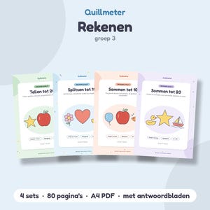 Op de afbeelding: Vier educatieve werkbladen getiteld Quillmeter Rekenen groep 3, met kleurrijke illustraties van appels, sterren, harten, bloemen, ballonnen, eendjes en zeilboten. De pagina's bevatten rekenoefeningen voor tellen, splitsen en sommen tot 10 en 20.
