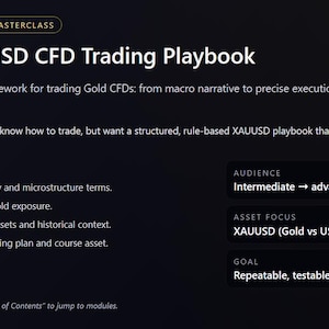 Può includere: Immagine scura con testo che descrive un playbook di trading CFD XAUUSD professionale. Il testo include informazioni sulle strategie di trading, la gestione del rischio e il pubblico di riferimento dei trader CFD intermedi e avanzati.