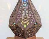 Hamsa Labradorite Lamp – Sacred Symbol Wooden LED Light | Meditation, Yoga
