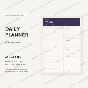 Pode incluir: Um modelo digital de planejador diário com um cabeçalho roxo escuro com o texto my day, date e moon. O layout inclui uma seção de horário das 6h às 21h, uma lista de tarefas, uma seção de autocuidado e uma área de notas.