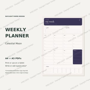 Op de afbeelding: Een digitale weekplanner-sjabloon getiteld My Week met een hemels maanthema. De lay-out bevat secties voor doelen, top drie prioriteiten, dagelijkse schema's van maandag tot zondag, een zelfzorgvak en een gewoonte-tracker in donkerpaars en wit.
