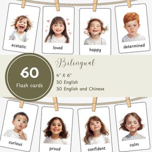 Peut inclure: Un ensemble de 60 cartes flash bilingues de 10,16 cm x 15,24 cm, avec des illustrations d'enfants exprimant des émotions telles que 'ecstatic', 'loved', 'happy' et 'determined'. Conçu pour l'apprentissage de l'anglais et du chinois.