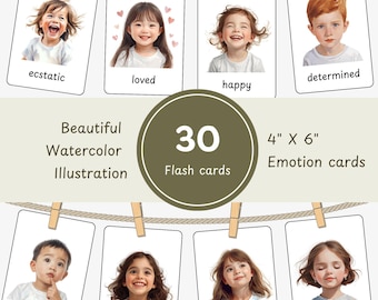 May include: A set of 30 emotion flash cards, each 4" x 6", featuring watercolor illustrations of children expressing different feelings. The cards are strung on a clothesline with wooden clothespins. The emotions include ecstatic, loved, happy, determined, curious, proud, confident, and calm.