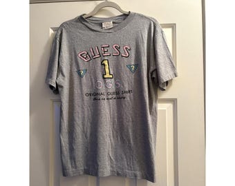 Vintage Paper Tag 1980s Guess Gray Pink T Shirt Original Guess Shirt 1 Size Lrg