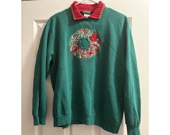 Vintage Bon Worth Green Embroidered Christmas Sweater Cardinal Women's Medium