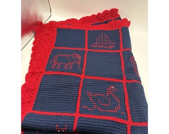 Vintage Baby Boy Quilt Blue Red Animals Handmade Pillow Case 36"x36" EXCELLENT