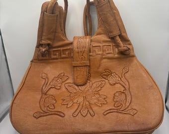 1970s Vintage Leather Purse Handbag Shoulder Floral Hand Tooled Design Brown