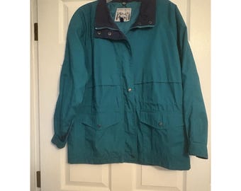 Vintage Alaska Woods Jacket Medium Teal Nylon Lined High Collar Drawcord 90s