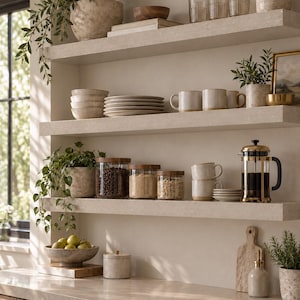 May include: Three stone shelves holding kitchenware including ceramic bowls, plates, mugs, glass canisters with wooden lids, a French press, a fruit bowl with pears, potted plants, and a wooden cutting board on a stone countertop.