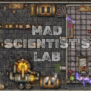 May include: Overhead view of a mad scientist's lab, with the words "MAD SCIENTIST'S LAB" in large, distressed white letters. The lab is filled with various steampunk-style equipment, including tanks, pipes, and electrical devices, all set against a stone brick floor.