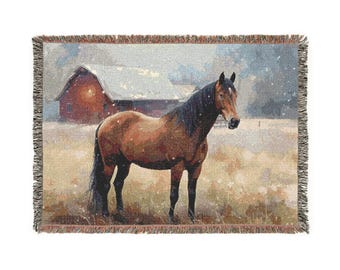 Equestrian Woven Blanket: Horse & Barn - Farmhouse Decor