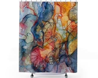 Rideau de douche à motif floral aquarelle abstrait | Rideau de bain artistique à l'encre colorée