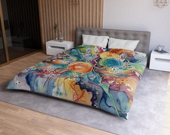 Funda nórdica con estampado floral abstracto en acuarela / Ropa de cama bohemia colorida