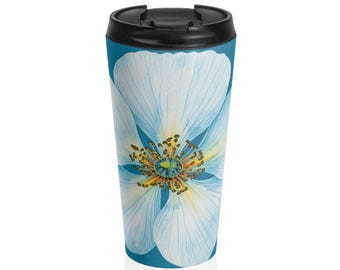 Taza de viaje de acero inoxidable con estampado floral de amapolas blancas / Fondo azul