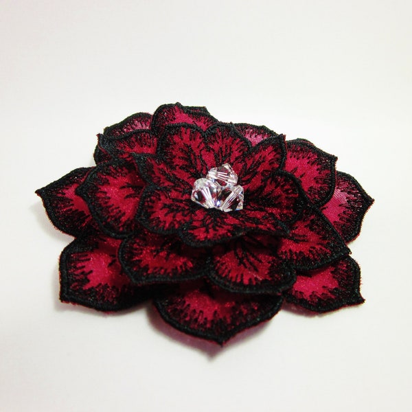 Clearance Sale Burgundy Cranberry Black Flower Fascinator Hair Clip Swarovski Crystals Pearls Sash Pin Brooch Bridesmaid