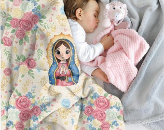 Personalized Virgen de Guadalupe Baby Blanket | Catholic Baptism Gift, Floral Heirloom