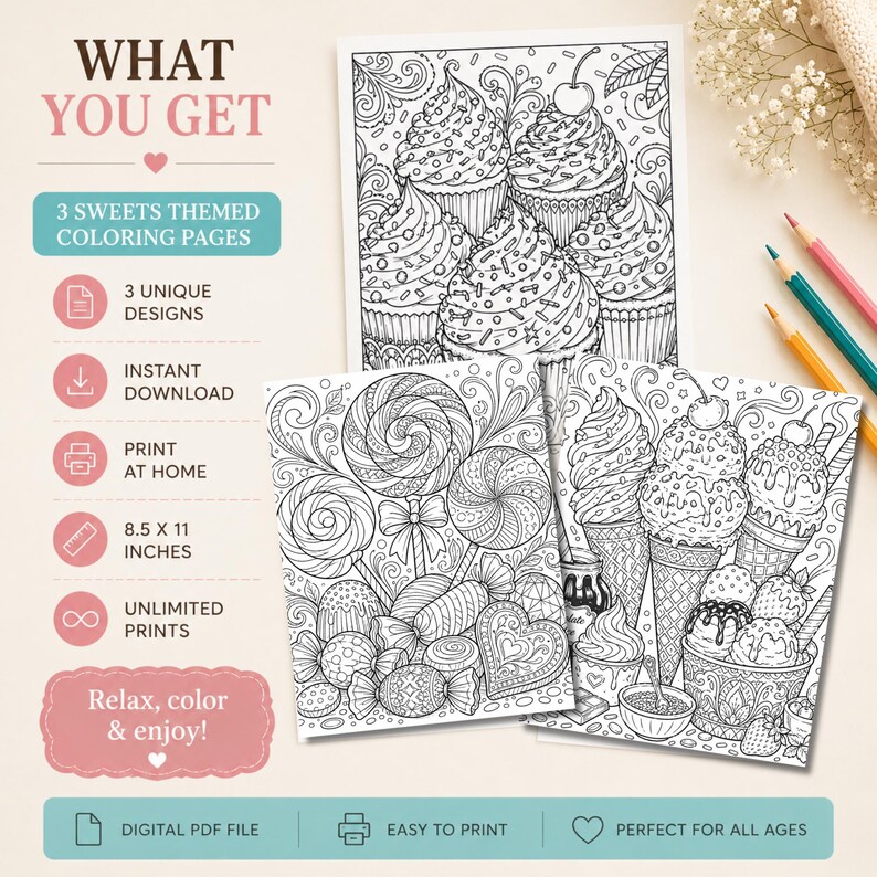 Printable Sweets Coloring Pages for Adults, Candy Dessert Coloring Book ...