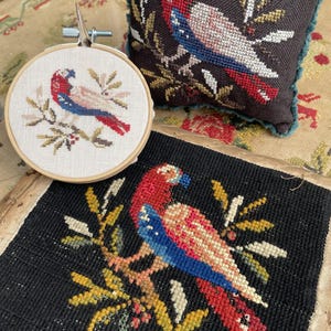 May include: A circular wooden embroidery hoop containing a cross-stitch of a red, blue, and white parrot on a branch, a square dark brown pincushion with a matching parrot design, and a black fabric square featuring a large embroidered parrot.