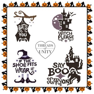 May include: A Halloween-themed design featuring four cross-stitch patterns with spooky phrases and images. The phrases include "Bats Off To You," "Witch Please," "If The Shoe Fits Wear It," and "Say Boo Scaryon." A border of pumpkins surrounds the design.
