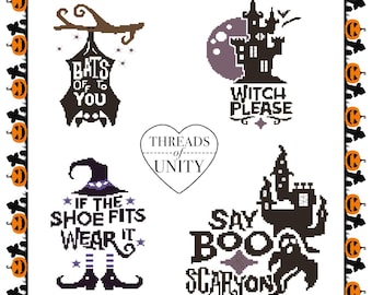May include: A Halloween-themed design featuring four cross-stitch patterns with spooky phrases and images. The phrases include "Bats Off To You," "Witch Please," "If The Shoe Fits Wear It," and "Say Boo Scaryon." A border of pumpkins surrounds the design.