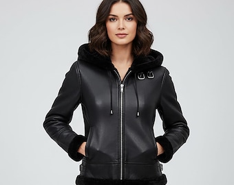レディース ブラック フード付きレザージャケット（フェイクファー