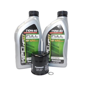 May include: Two silver 1-quart bottles of 10W-40 full synthetic oil and a black oil filter, all Kawasaki brand. The bottles have green and black labels. A small metal washer is next to the filter. The products are for engine maintenance.