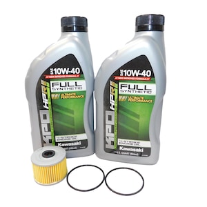 May include: Two silver bottles of 10W-40 full synthetic engine oil with green and black labels, a yellow oil filter, and two black O-rings. The bottles are labeled "KPO HPR" and "Kawasaki".