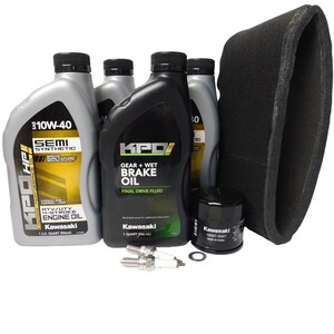 May include: A collection of Kawasaki ATV/UTV engine maintenance products. Includes bottles of 10W-40 semi-synthetic engine oil, gear and wet brake oil, an oil filter, an air filter, spark plugs, and a sealing ring. All items are on a white background.