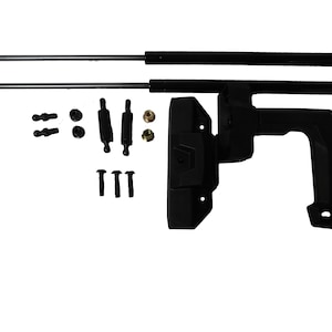 May include: A collection of black automotive parts, including two long struts with silver shafts, a handle, various fasteners, and three screws. The components are arranged against a white background, suggesting a repair or replacement kit.
