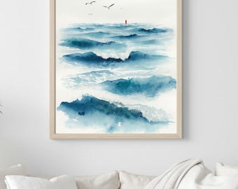 Afdrukbare muurkunst blauwe oceaangolven | Kustwaterverfprint | Minimale digitale download stranddecor