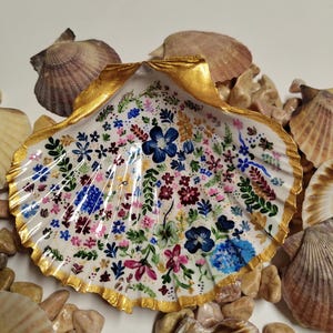 Può includere: Conchiglia dipinta a mano con bordo dorato e motivo floreale. L'interno del guscio è decorato con fiori colorati nei toni del blu, rosa e verde. Il guscio è circondato da altre conchiglie e piccoli sassi.