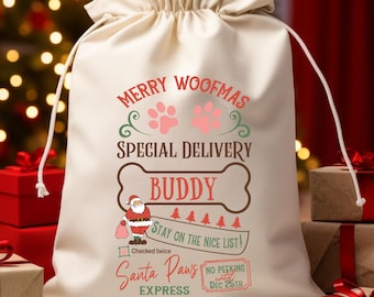 Personalized Dog Christmas Gift Bag, Merry Woofmas Santa Paws Express Sack, Special Delivery Pet Christmas Bag, Custom Dog Gift Sack