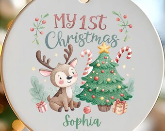 Baby's First Christmas Ornament, Baby 1st Christmas Decoration, Watercolor Theme, Custom Newborn Gifts, Xmas Gifts for Kids, Baby Keepsake
