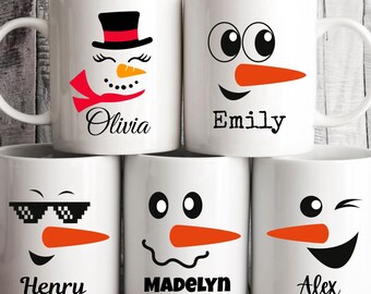 Personalized Christmas Mug, Custom Name Snowman Face Mug, Cute Winter Hot Cocoa Mug, Family Christmas Gift, Personalized Hot Chocolate Mug