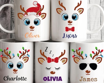 Reindeer Christmas Mug, Personalized Christmas Mug with Name, Cute Holiday Hot Cocoa Cup, Family Holiday Gift, Custom Christmas Mug