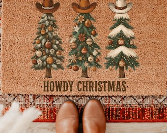 Howdy Christmas Tree Doormat, Cowboy Funny Doormat, Western Decor Funny Coir Doormat, Welcome Mat, New Home Gift for Home, Wedding Gift